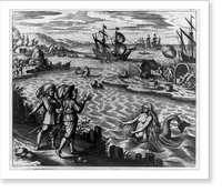 2 mermaids, men on island, ships and boats Classic, Historic Reproduction