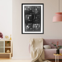 Composite of 6 contact photoprints of Frances Benjamin Johnston in her office - 4 of her holding glass negative and 2 of her holding her camera, Vintage Wall Art