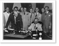 President Truman signing the new Unification Bill, Vintage Print