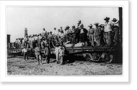 Railroad trains transporting Insurrectos during the Mexican Revolution: Soldiers standing on 2 flat cars, Antique Print