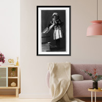 Historic Framed Print, [Girl wearing eyeglasses, bonnet and apron, with washboard and tub],  17-7/8" x 21-7/8"