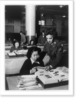 Central Mail Directory Room in the 7th Base Post Office, where WAC Sgt. Sara Polio from Hazelhurst, Penn. checks on the progress of a Japanese employee, Yokohama Classic, Vintage Print