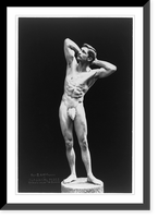 Nude male, Prof. B.A. McFadden, full-length portrait, standing on pedestal, facing left, wearing a fig leaf, with hands behind head Classic, Antique Poster