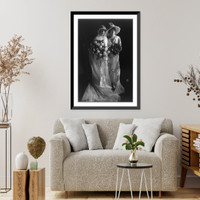 Mrs. Frederick Bourne and sister, full-length portrait, standing, wearing gowns and holding flowers, Antique Wall Art