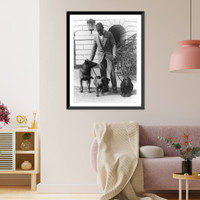 Historic Framed Print, [Robert R. Watson(?) or Robinson(?), kennel master at the White House, with pets of Herbert Hoover, King Tut, a Belgian police dog; Whoopie, a schnauzer; and Englehurst Gillette, a Gordon setter],  17-7/8" x 21-7/8"
