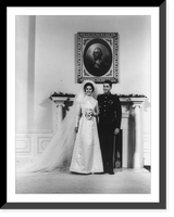 Lynda Bird Johnson and Charles Robb wedding picture taken in the White House in front of fireplace, under picture of George Washington, Historic Print