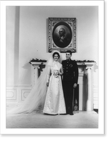 Lynda Bird Johnson and Charles Robb wedding picture taken in the White House in front of fireplace, under picture of George Washington, Historic Print