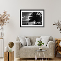 Palm tree and fisherman with net standing by shoreline, Puerto Rico, Historic Reproduction