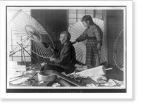 Umbrella maker. man making an umbrella, with girl standing behind him, Antique Print