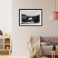 Historic Framed Print, [Bird's-eye view of horse-drawn streetcar on M Street Bridge over Rock Creek],  17-7/8" x 21-7/8"