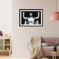 Aimee Semple McPherson, half-length portrait, standing, facing front, looking upward, with hands raised, at an evangelist meeting in London, Antique Print