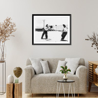 Historic Framed Print, [Girls of Japanese ancestry playing softball at war relocation authority center, Manzanar, California: Misao Skugimoto and Rose Maruki at third base],  17-7/8" x 21-7/8"