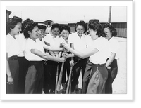 Historic Framed Print, [Girls of Japanese ancestry playing softball at war relocation authority center, Manzanar, California: Ritsuko Masuda and Marion Fujii with hands on bat, before choosing sides],  17-7/8" x 21-7/8"
