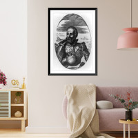 Fernando Magellan, half-length portrait, facing left; holding globe and compass, Vintage Poster