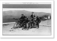 Two men on motorcycles at the start of a race with two men supporting the motorcycles, near Boise, Idaho, Vintage Poster
