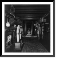 Historic Framed Print, [Interior of Sagamore Hill with fireplace, water buffalo head and two antelope heads],  17-7/8" x 21-7/8"