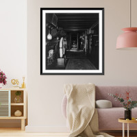 Historic Framed Print, [Interior of Sagamore Hill with fireplace, water buffalo head and two antelope heads],  17-7/8" x 21-7/8"
