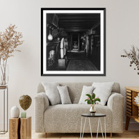 Historic Framed Print, [Interior of Sagamore Hill with fireplace, water buffalo head and two antelope heads],  17-7/8" x 21-7/8"