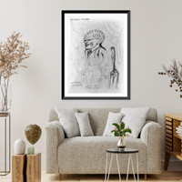 Historic Framed Print, Alexander Archipenko with statue of headless woman ; [Sketches of three men's heads, one woman's head, and two eyes].,  17-7/8" x 21-7/8"