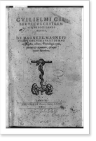 Title page of De magnete, with serpent wound about wooden T staff clasped by two hands, Historic Print