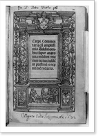 Architectural title page of Commentaria. super anatomia mudini bordered in columns with scene of seated teacher lecturing as assistant dissects cadaver, Antique Print