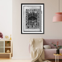 Alchemist and assistant in laboratory, with surrounding border of birds, flowers, and insects, Antique Wall Art