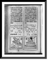 Illustrated arithmetic problem showing man stamping on fruit in rectangular tub and man standing in round tub, with mathematical equations and surrounding text, Historic Print