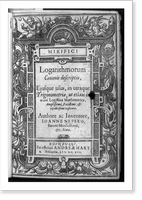 Title page of Mirifice logarithmorum canonis descriptio; with border of fruit and angels, Vintage Print