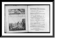 Hunter shooting at birds in flight with lines indicating how the calculus method makes analysis of movement possible, mathematicians conversing at left, and title page, Antique Poster