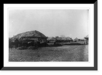 Historic Framed Print, [Russian farm scene showing thatched-roof buildings, with horses and barn in left foreground],  17-7/8" x 21-7/8"