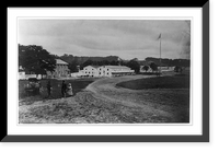 Cavalry depot at Giesboro, Md. Soldier facing man and girl with people in horse-drawn carriage in foreground, Antique Print