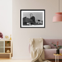 Historic Framed Print, [Harold L. Ickes, standing, half-length portrait, facing left; in Chicago making quarantine" speech into CBS microphones,  with Franklin D. Roosevelt seated behind him]",  17-7/8" x 21-7/8"