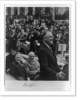 Franklin D. Roosevelt, standing, half-length, facing right, making speech, with Harold L. Ickes and two other men seated on stand behind him; crowd in background, Vintage Wall Art