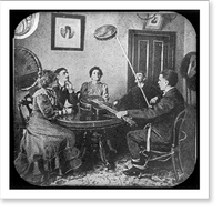 Seance with five people around table, four of them looking upward, and one man holding guitar and tambourine on pole, Vintage Poster