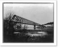 Stern-wheel riverboat passing under Illinois Central Railroad bridge over Ohio River, Cairo, Illinois, with logs lashed together at river's edge Classic, Antique Print