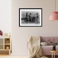 Historic Framed Print, [Mack Sennett comedy films. glamour pose by three young women in bathing suits on beach, two of them on a motorcycle],  17-7/8" x 21-7/8"