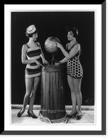 Historic Framed Print, [Mack Sennett comedy films. glamour pose by two young women in bathing suits looking at globe].Cannons, L.A.,  17-7/8" x 21-7/8"