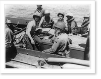 Tarawa wounded. Marines wounded at Tarawa are taken back to a troopship in a landing barge for transfer to a base hospital, Vintage Poster