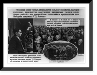 Composite of three photos in Russia: T.D. Lysenko holding up onions in meeting, crowd of people at meeting in Moscow, and group of people inspecting grain in field, Antique Print