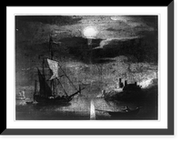 Ships and boats on water in front of city during American war with Tripoli, Lebanon, Vintage Poster