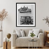Historic Framed Print, [Immigration Station, Ellis Island, New York, exterior view of building and interior view of registry floor],  17-7/8" x 21-7/8"