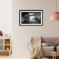 Marine boat threading rapids through huge rocks. One boat has canopy, Nicaragua, Vintage Poster
