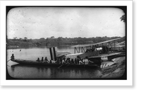 Amphibian plane and long boat on shore, with apparently Marine oarsmen in Miskito longboat, in Nicaragua Classic, Vintage Poster