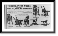 Advertisement for Thomson, Perley & Waite, manufacturers of chamber suite, dining and rocking chairs, with 7 illustrations of folding table-carriage combitations, Antique Print