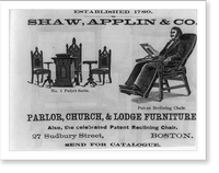 Advertisement for Shaw, Applin & Co. parlor, church & lodge furniture, illustrated with pulpit suite and man in patent reclining chair, Historic Reproduction