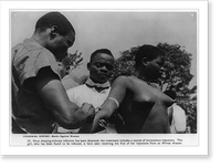 Colonial empire: African dresser giving bare-breasted girl, who was found to be infected with sleeping sickness, an injection, Vintage Poster