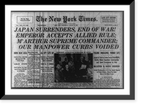 Historic Framed Print, [Newspaper headlines: NY Times, Aug. 15, 1945 Japan Surrenders"]",  17-7/8" x 21-7/8"
