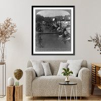 Humble housewives washing clothes in the river near Toledo Bridge, Madrid, Spain, Historic Print