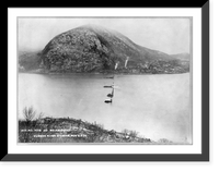 Catskill Aqueduct construction: Hudson River Crossing, looking west from Breakneck Mountain toward Storm King, showing borings being driven from scows, 1907, Vintage Print