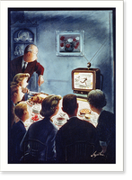 Family at Thanksgiving dinner with father carving turkey; all are intently watching football on television.Alajolov. - 2 Classic, Antique Wall Art